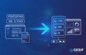 Infográfico mostrando a substituição de PIS/COFINS, ISS e ICMS pelos novos tributos CBS, IBS e IS, com integração a sistemas ERP e dashboards fiscais